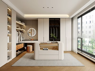 Modern Walk in Closet Interior With Cabinets Open Shelves Round Mirror And Area Rug 3d model