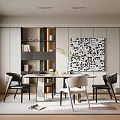 Elegant Modern Dining Room Interior With Dining Table Chairs Artwork Open Cabinets And Natural Light 3d model