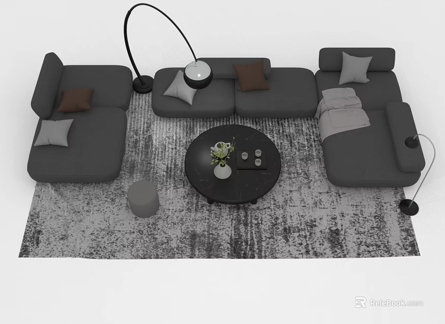 Modern Gray Sofa And Round Coffee Table Set With Pillows Floor Lamp And Rug 3d model 