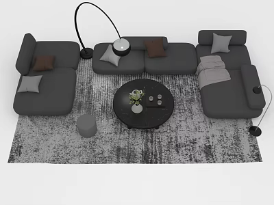 Modern Gray Sofa And Round Coffee Table Set With Pillows Floor Lamp And Rug 3d model