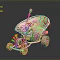 Decorative Toy Car With Pink Green Decorations Wooden Wheels Flowers And Mushrooms