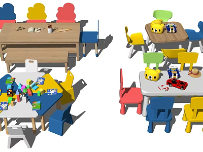 Colorful Kids Table With Multi Colored Chairs And Playful Toys For Children 3d model