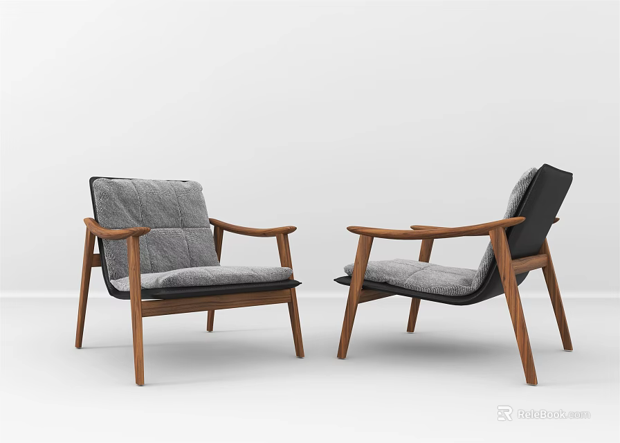 Pair of Modern Leisure Chairs With Wooden Frame And Gray Cushions Armrest Design 3d model 