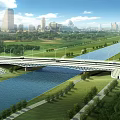 Modern Urban Bridge Over River With Green Park And City Skyline