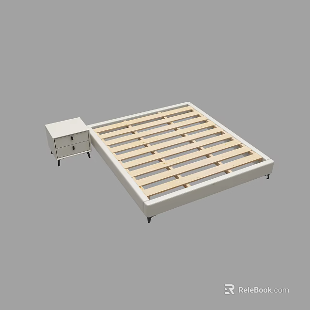 Contemporary Double Bed Design With Wooden Slat Support And Side Nightstand Storage Drawers 3d model 