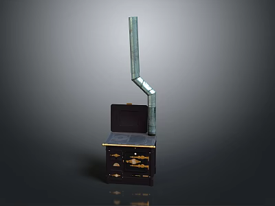 Vintage Heating Stove With Black Cabinet Gold Accents And Tall Chimney 3d model