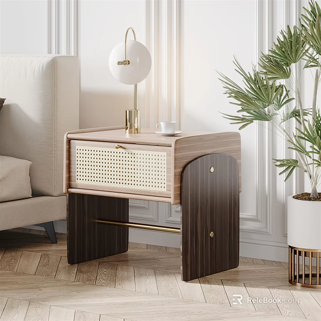 Wooden Nightstand With Rattan Drawer And Gold Table Lamp In Modern Interior 3d model 