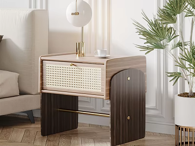 Wooden Nightstand With Rattan Drawer And Gold Table Lamp In Modern Interior 3d model