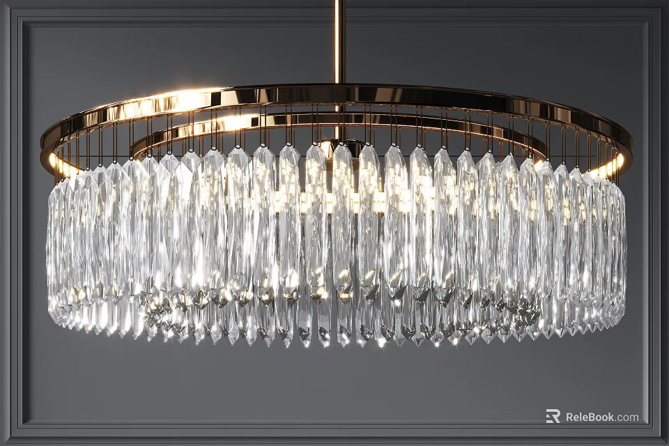 Elegant Crystal Chandelier With Circular Golden Frame And Hanging Glowing Prisms 3d model 