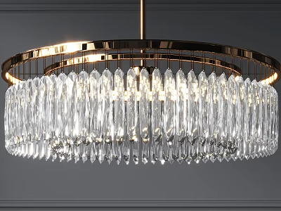 Elegant Crystal Chandelier With Circular Golden Frame And Hanging Glowing Prisms 3d model