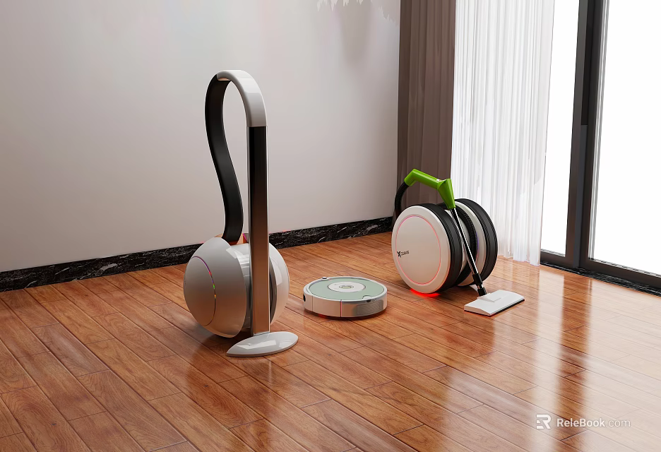 Modern Household Vacuum Cleaners Including Robot Vacuum And Upright Models in Living Room Setting 3d model 