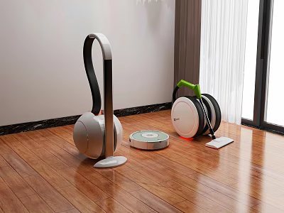 Modern Household Vacuum Cleaners Including Robot Vacuum And Upright Models in Living Room Setting 3d model