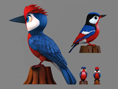 Vibrant Flying Birds with Red and Blue Feathers Perched on Wooden Stumps 3d model