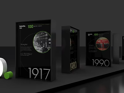 100th Anniversary Photo Spot With Black Display Cases And Historical Years 1917 1980 1990 3d model
