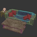 Gray Sofa With Red Pillows Blue Blanket And Wooden Coffee Table Side Table With Lamp