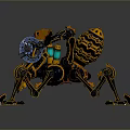 Elaborate Mechanical Creature Design With Golden Blue Accents Weapon Like Appendages And Multi Legged Structure