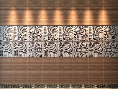 Modern Reception Background Wall With Wooden Panels And Intricate Circular Patterns Under Warm Lighting 3d model
