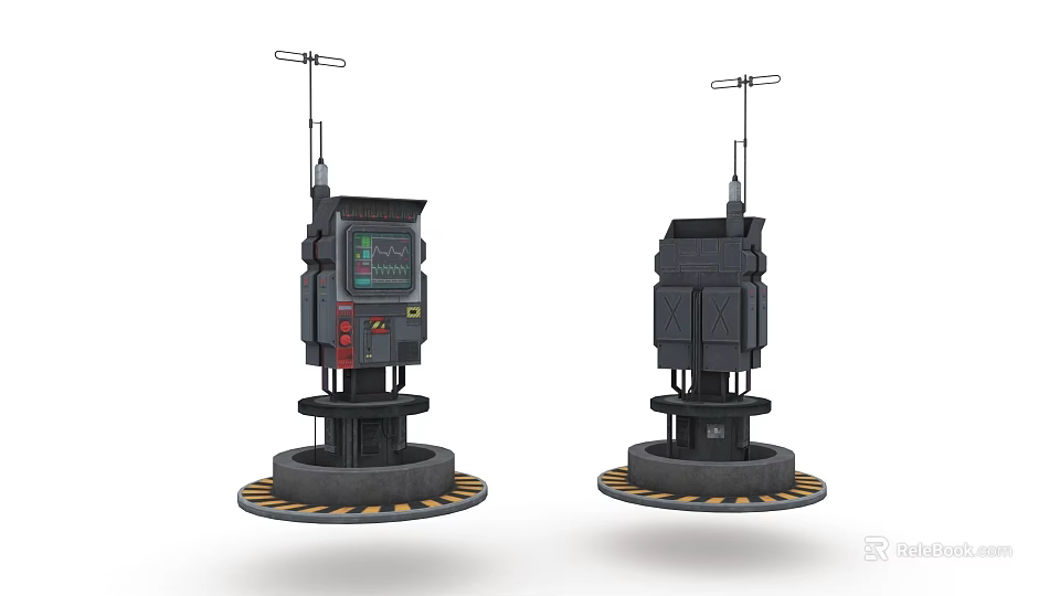 Two Black Mechanical Units With Antennas And Yellow Striped Bases Standing 3d model 