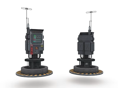 Two Black Mechanical Units With Antennas And Yellow Striped Bases Standing 3d model