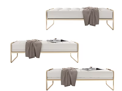 Modern Ottoman With Golden Frame White Cushion Brown Blanket And Magazines On Top 3d model