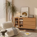 Wooden Decorative Cabinet With Drawers Glass Doors Near Palm Plant Table Lamp And Leopard Painting