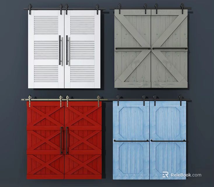 Various Styles Of Double Doors Featuring Colorful Wooden Panels And Metal Hardware 3d model 