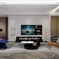 Modern Living Room Interior With Large TV Wall Fireplace Round Coffee Table And Blue Chair