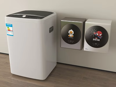 Modern White Home Washing Machine With Smart Control Panels On Wall 3d model