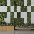 Interior Living Green Plant Wall With Geometric White Panels And Wooden Planters