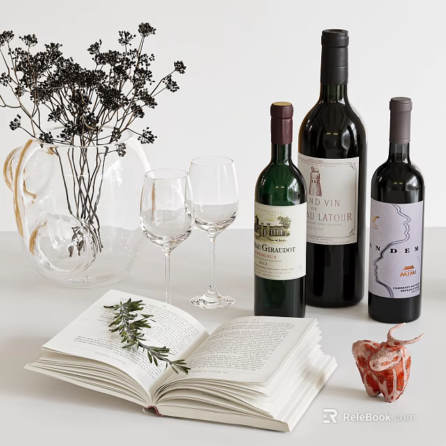 Elegant Tabletop Display With Wine Bottles Wine Glasses Open Book Rosemary Dried Flowers And Vase 3d model 