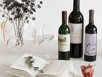 Elegant Tabletop Display With Wine Bottles Wine Glasses Open Book Rosemary Dried Flowers And Vase 3d model