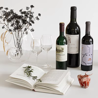 Elegant Tabletop Display With Wine Bottles Wine Glasses Open Book Rosemary Dried Flowers And Vase 3d model