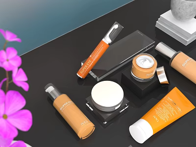 Luxury Perfume Cosmetics Display With Bottles Face Cream And Purple Flowers 3d model
