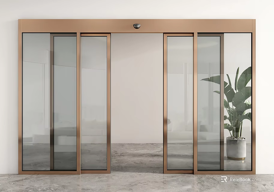 Automatic Sliding Glass Door With Metal Frame And Plant Decor 3d model 
