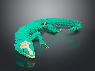 Green Building Block Lizard With Scaled Body Detailed Head on Dark Reflective Surface 3d model