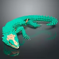 Green Building Block Lizard With Scaled Body Detailed Head on Dark Reflective Surface