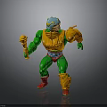 Muscular Warrior Toy Figure With Blue Helmet Green Pants Orange Armor Red Boots And Weapon