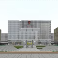Modern Office Building With Glass Curtain Walls And Spacious Plaza With People Walking