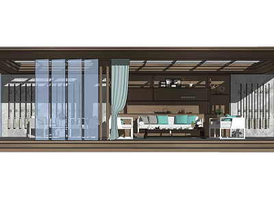 Modern Living Room Interior With Transparent Partitions Light Green Curtains And Wooden Ceiling 3d model