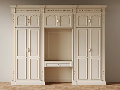 Classic White Carved Storage Cabinet With Multiple Doors And Central Open Niche 3d model