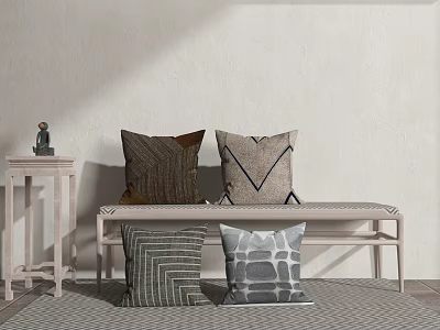 Textured Geometric Pattern Pillows In Neutral Tones On Wooden Bench For Living Space 3d model