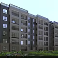 Modern Multi Storey Residential Building With Greenery Outdoor Space And Evening Lights