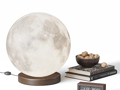 Realistic Moon Lamp on Wooden Base Beside Stacked Books Nut Bowl and Desk Decor 3d model