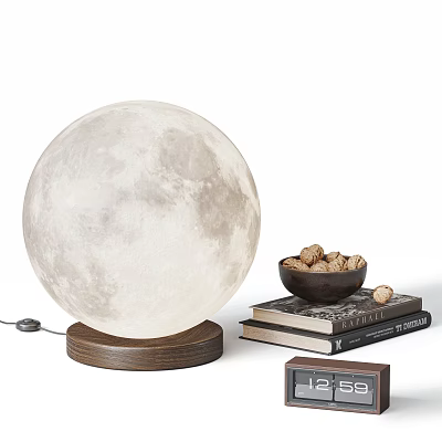 Realistic Moon Lamp on Wooden Base Beside Stacked Books Nut Bowl and Desk Decor 3d model