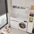Modern Living Room Interior With Window Blinds City View White Cabinets Washing Machine And Sofa