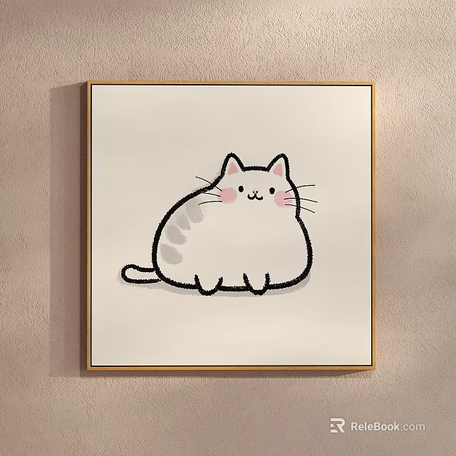 Chubby White Cat With Gray Spots Smiling Face Simple Lines Framed Wall Art 3d model