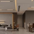 Modern Dining and Living Room Interior Design With Open Layout Dining Table Sofa And Fireplace 3d model