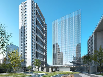 Modern High Rise Residential Building With Glass Curtain Walls Green Spaces And Trees 3d model