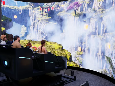 Immersive Cinema Experience With Curved Giant Screen Special Seats Mountain Landscape Lanterns And Smoke 3d model