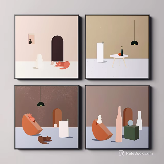 Abstract Wall Art With Geometric Shapes Cat Bottles And Modern Interior Decor 3d model